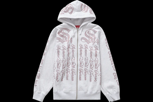 Supreme Grey Rhinestone Zip Up Hooded Sweatshirt (X-Large)